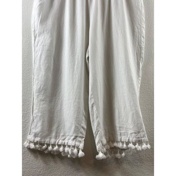 Cynthia Rowley White Linen Blend Tassel Hem Cropped Pull-On Pants Sz 2X Coastal - Picture 2 of 7